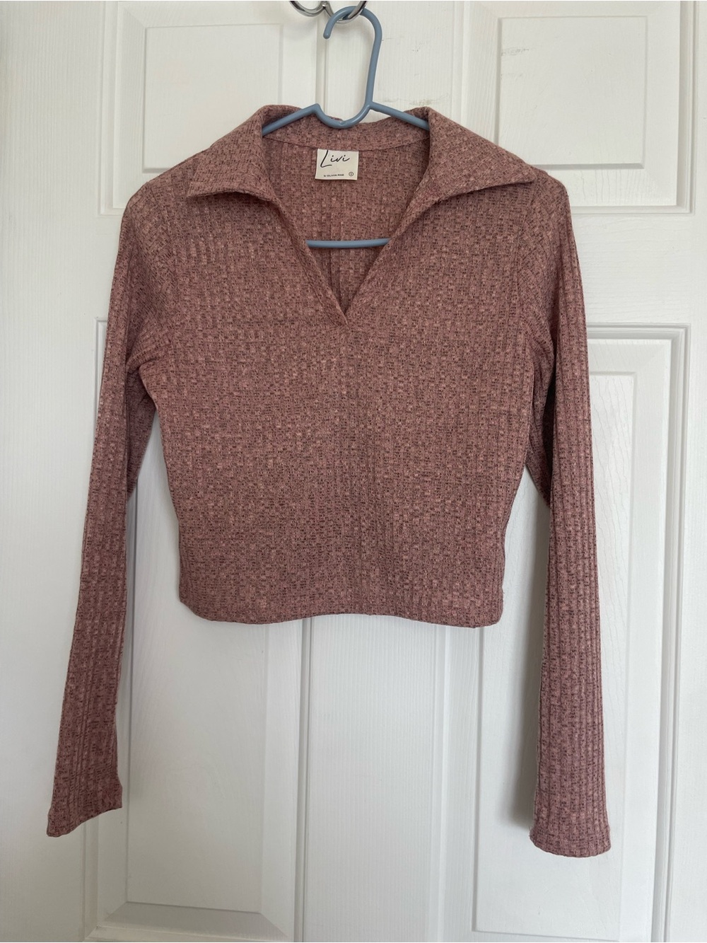 Liv Pink Ribbed Collared Long Sleeve Top